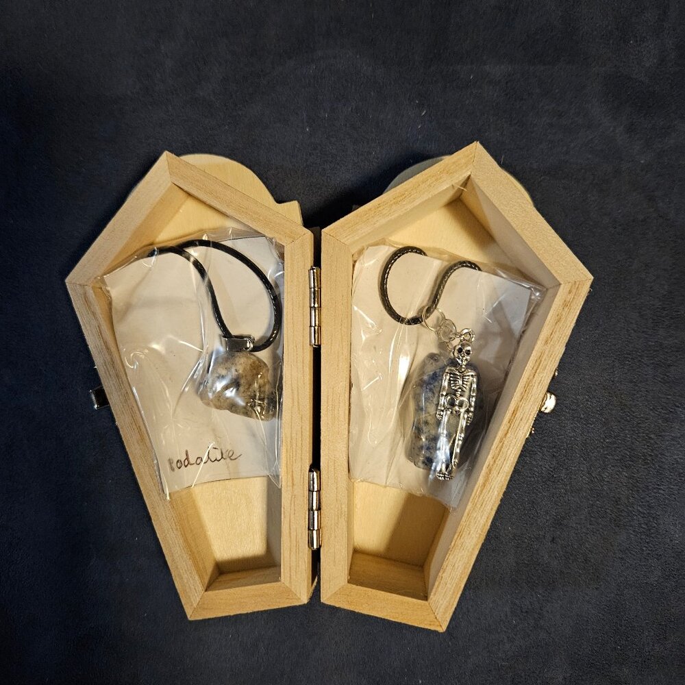 Sodalite skull & coffin, with skeleton, gemstone/crystal pendants, & jewelry box